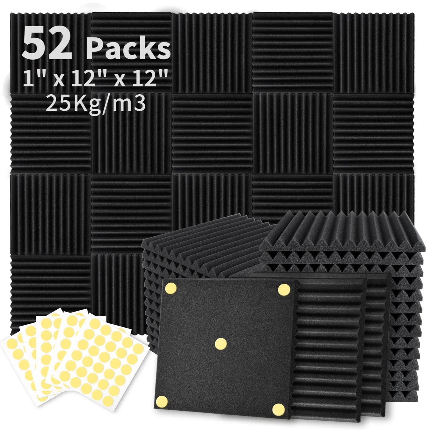 Acoustic foam panels with adhesive strips on a white background