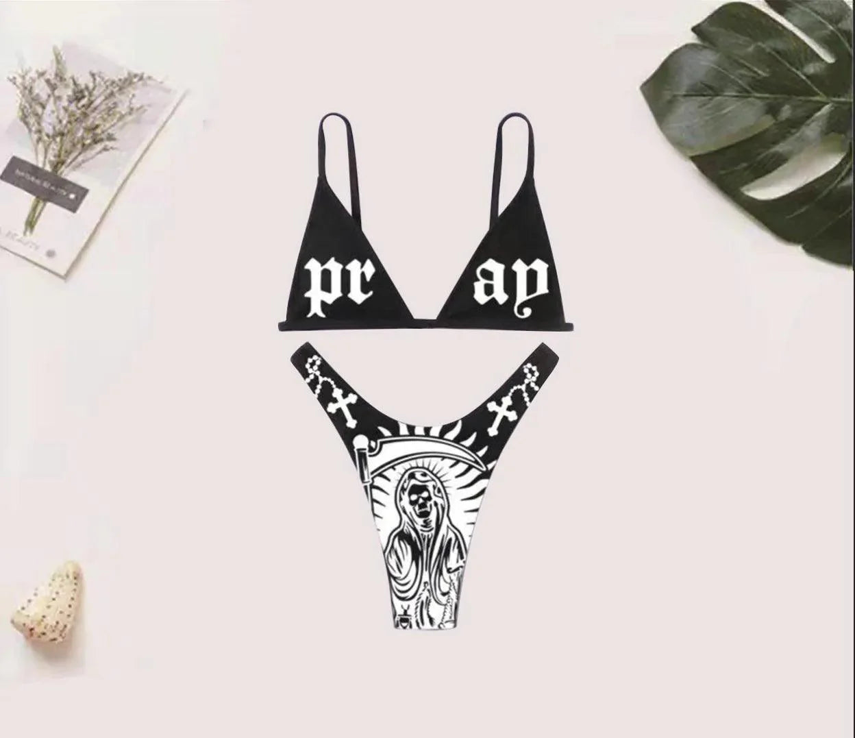 Skull Bikini Black And White Desirable Goth Emo Women Two-Piece High Waist Gothic Swimsuit Beach - Lizard Vigilante