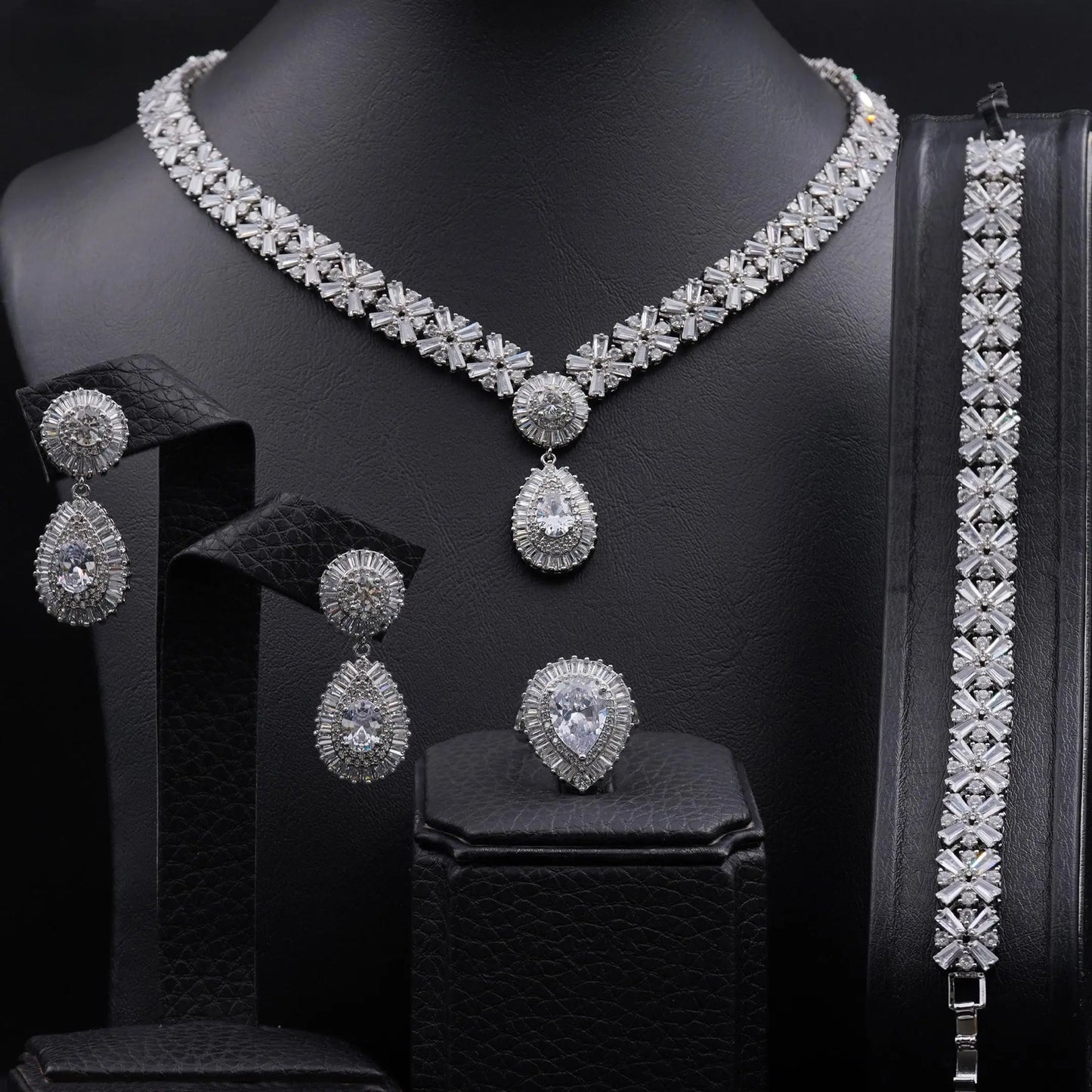 Luxury Wedding Indian Bridal Jewelry Sets Women Snowflakes Cubic Zirconia 4 pcs Necklace Earrings for Women - Premium  from Lizard Vigilante - Just $70.99! Shop now at Lizard Vigilante