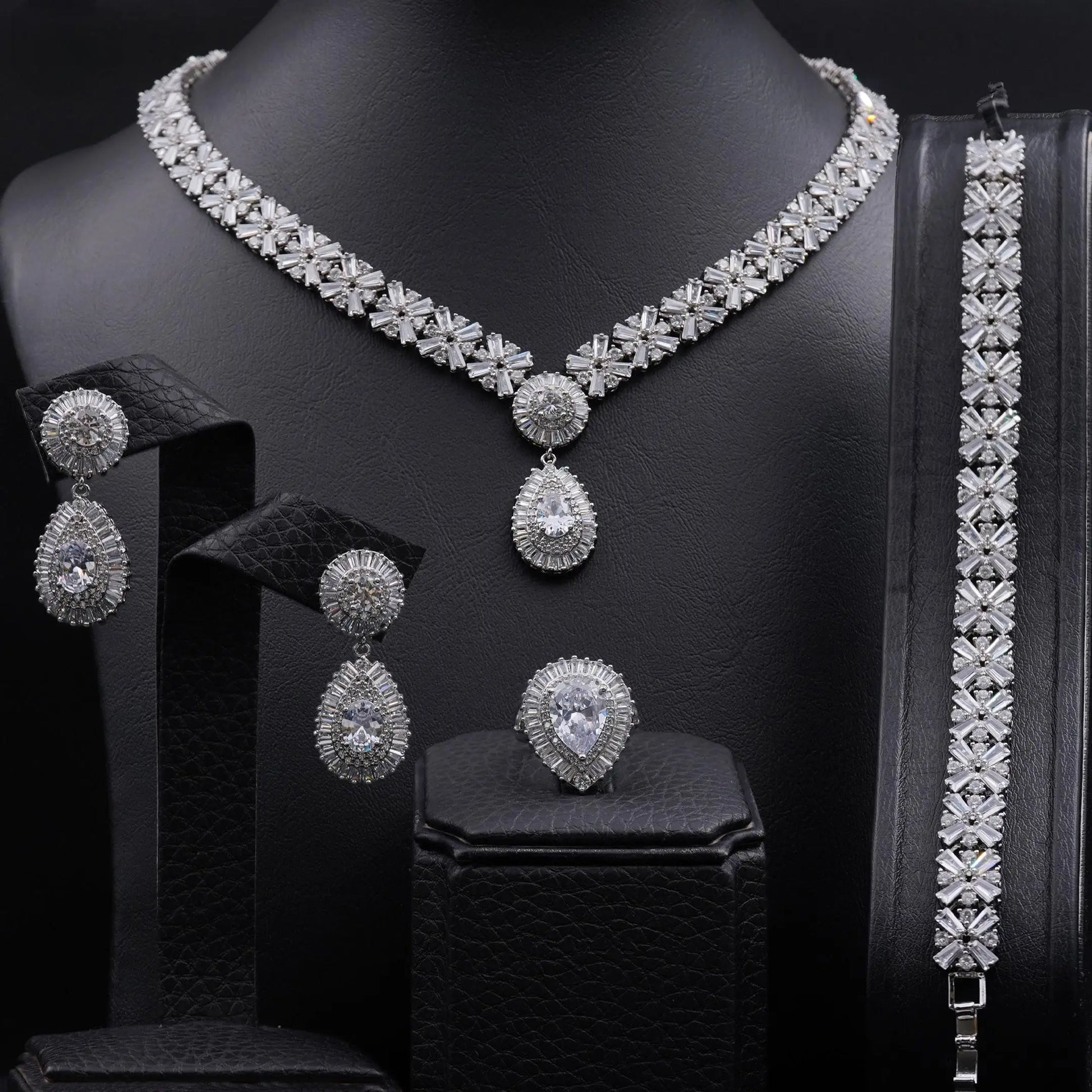 Luxury Wedding Indian Bridal Jewelry Sets Women Snowflakes Cubic Zirconia 4 pcs Necklace Earrings for Women - Premium  from Lizard Vigilante - Just $70.99! Shop now at Lizard Vigilante