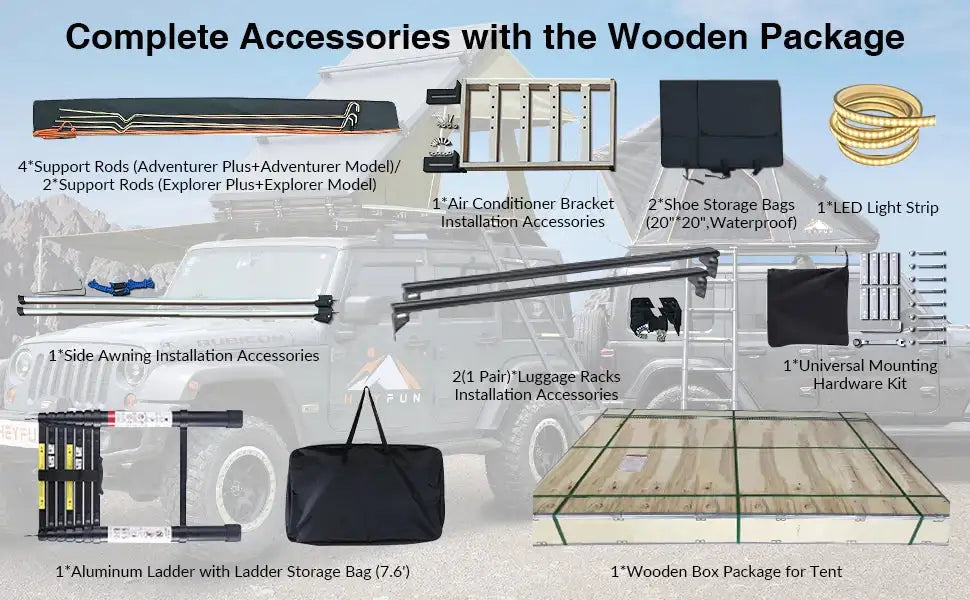 Adventurer Plus Rooftop Tent Hardshell with Side Awning, Air Conditioner Outlet with Bracket, Replaceable Rain Flies