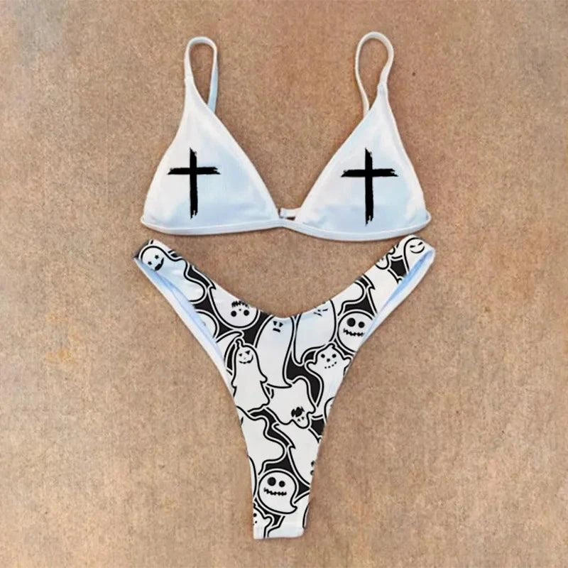 Skull Bikini Black And White Desirable Goth Emo Women Two-Piece High Waist Gothic Swimsuit Beach - Lizard Vigilante