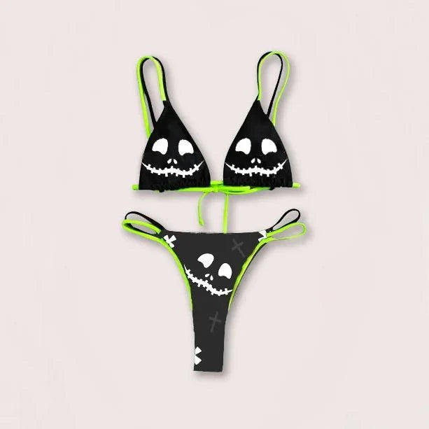 Skull Bikini Black And White Desirable Goth Emo Women Two-Piece High Waist Gothic Swimsuit Beach - Lizard Vigilante