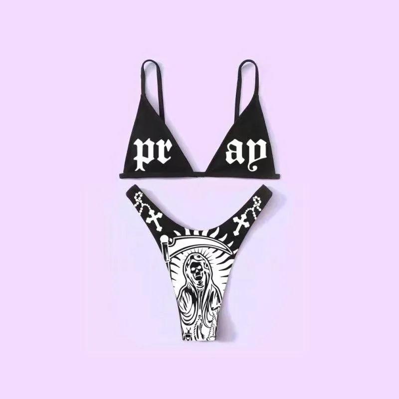 Skull Bikini Black And White Sexy Goth Emo Women Two-piece High Waist Gothic Swimsuit Beach - Lizard Vigilante