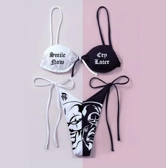 Skull Bikini Black And White Desirable Goth Emo Women Two-Piece High Waist Gothic Swimsuit Beach - Lizard Vigilante