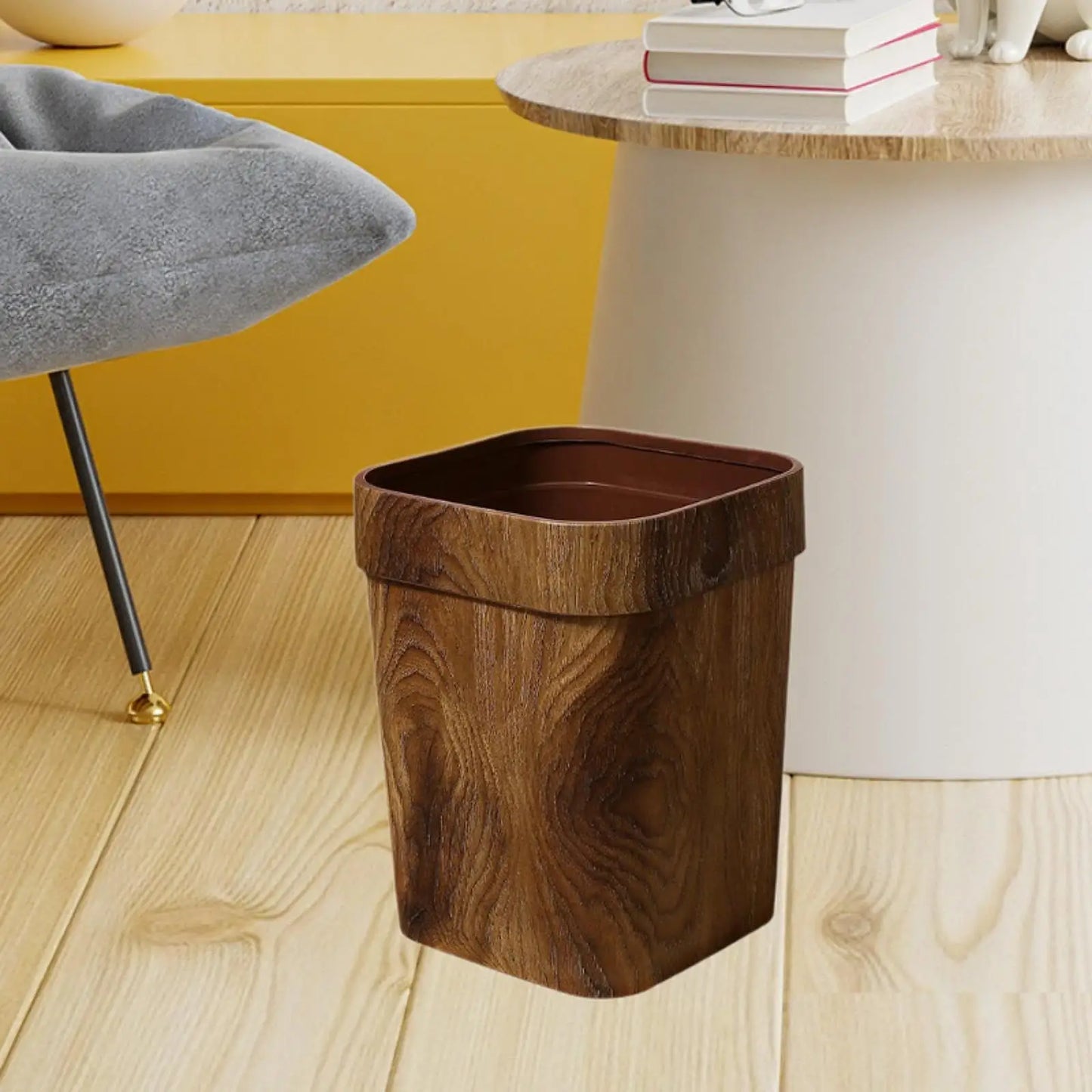 Imitation Wood Grain Trash Can Reusable Modern Rectangle Garbage Container Bin for Household Living Room Office Bathroom Kitchen