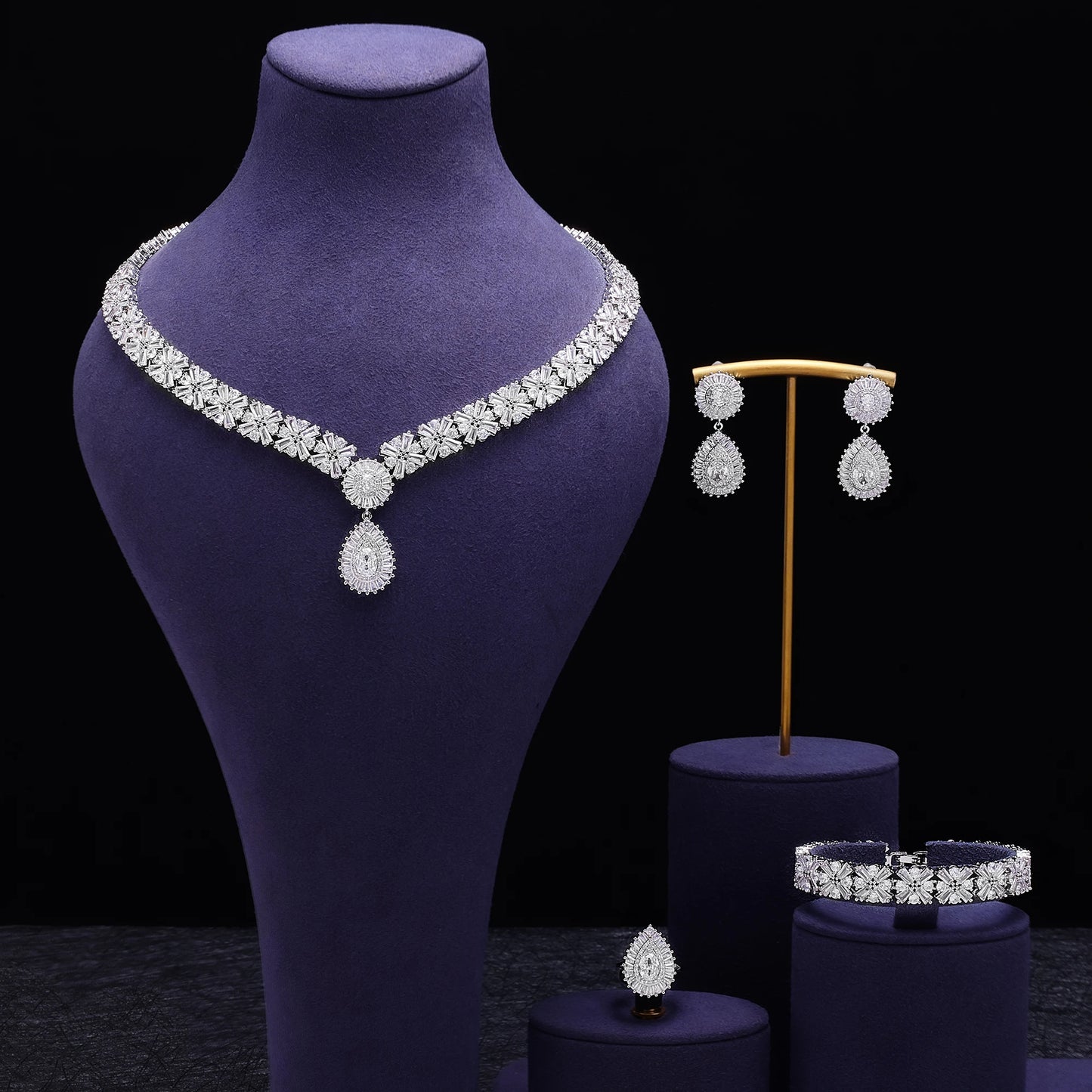 Luxury Wedding Indian Bridal Jewelry Sets Women Snowflakes Cubic Zirconia 4 pcs Necklace Earrings for Women - Premium  from Lizard Vigilante - Just $70.99! Shop now at Lizard Vigilante