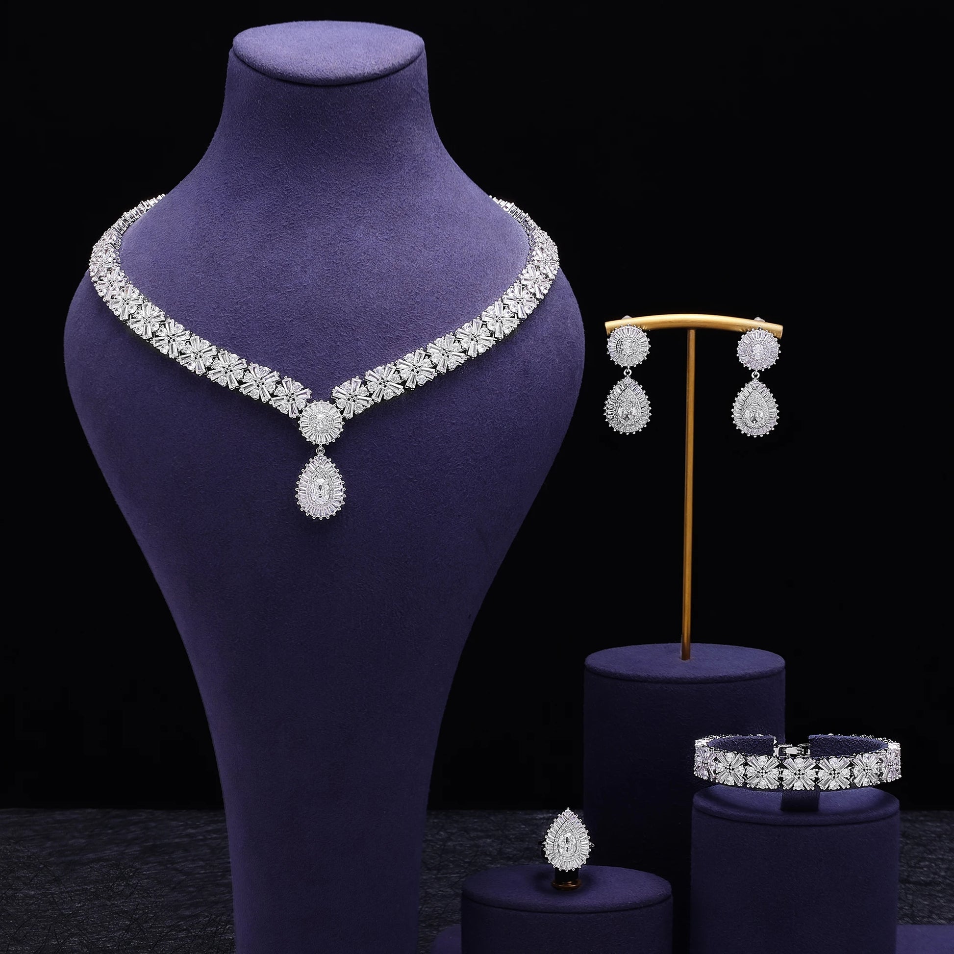 Luxury Wedding Indian Bridal Jewelry Sets Women Snowflakes Cubic Zirconia 4 pcs Necklace Earrings for Women - Premium  from Lizard Vigilante - Just $70.99! Shop now at Lizard Vigilante