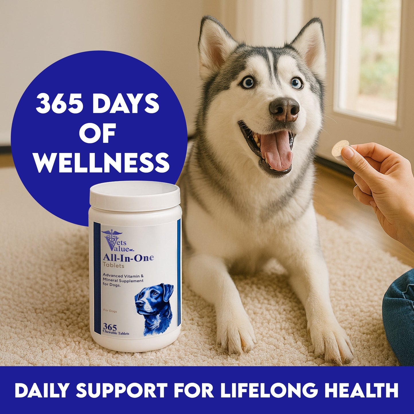 Vets Value All-in-One Dog Vitamins – 365 Chewable Tablets – Advanced Multivitamin & Mineral Supplement for Dogs – Supports Joints, Immunity, Skin & Coat – Daily Wellness for All Breeds