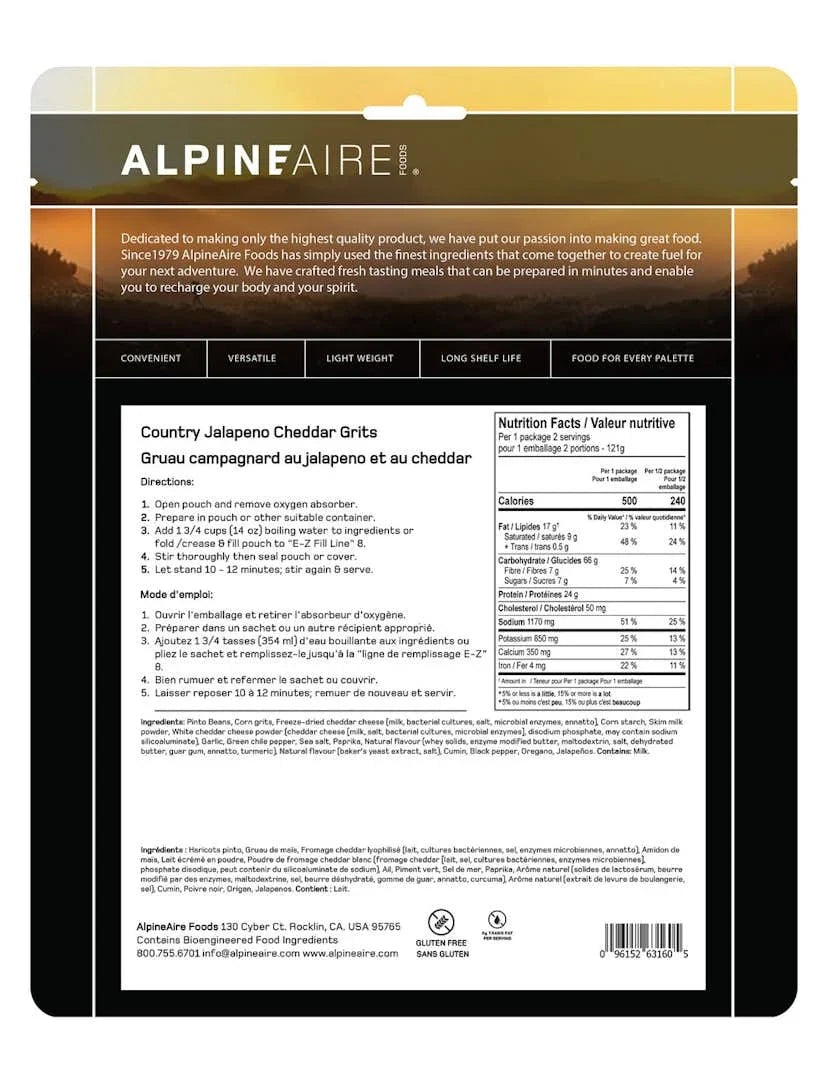 AlpineAire Country Jalapeno Cheddar Grits | Cook-in-Pouch Breakfast Meal