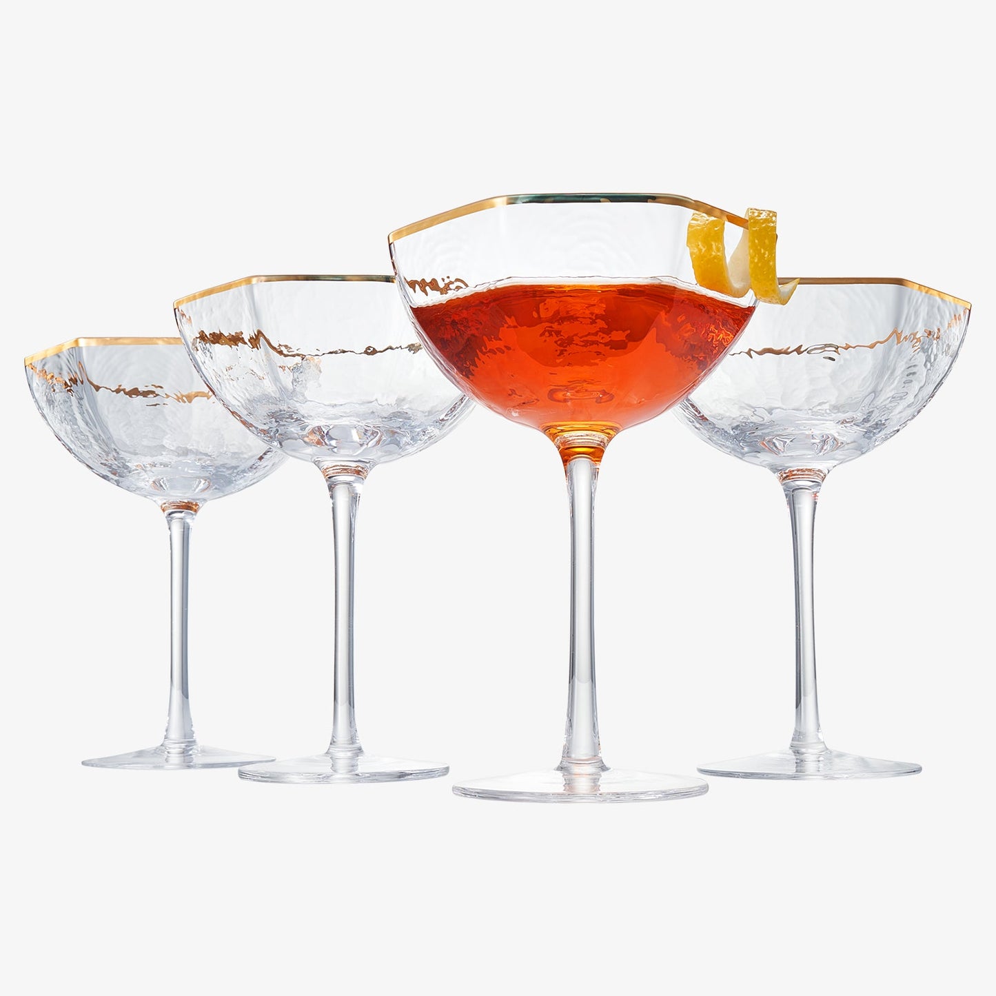 Vintage Crystal Champagne Coupe Gold Rim Hexagonal Angled Glasses | Set of 4 | 6 oz, Art Deco Rim Classic Cocktail Glassware - Martini, Cosmopolitan, Sidecar, Daiquiri | 1920s Style Saucer Goblets