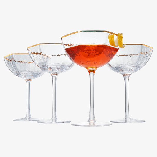 Vintage Crystal Champagne Coupe Gold Rim Hexagonal Angled Glasses | Set of 4 | 6 oz, Art Deco Rim Classic Cocktail Glassware - Martini, Cosmopolitan, Sidecar, Daiquiri | 1920s Style Saucer Goblets