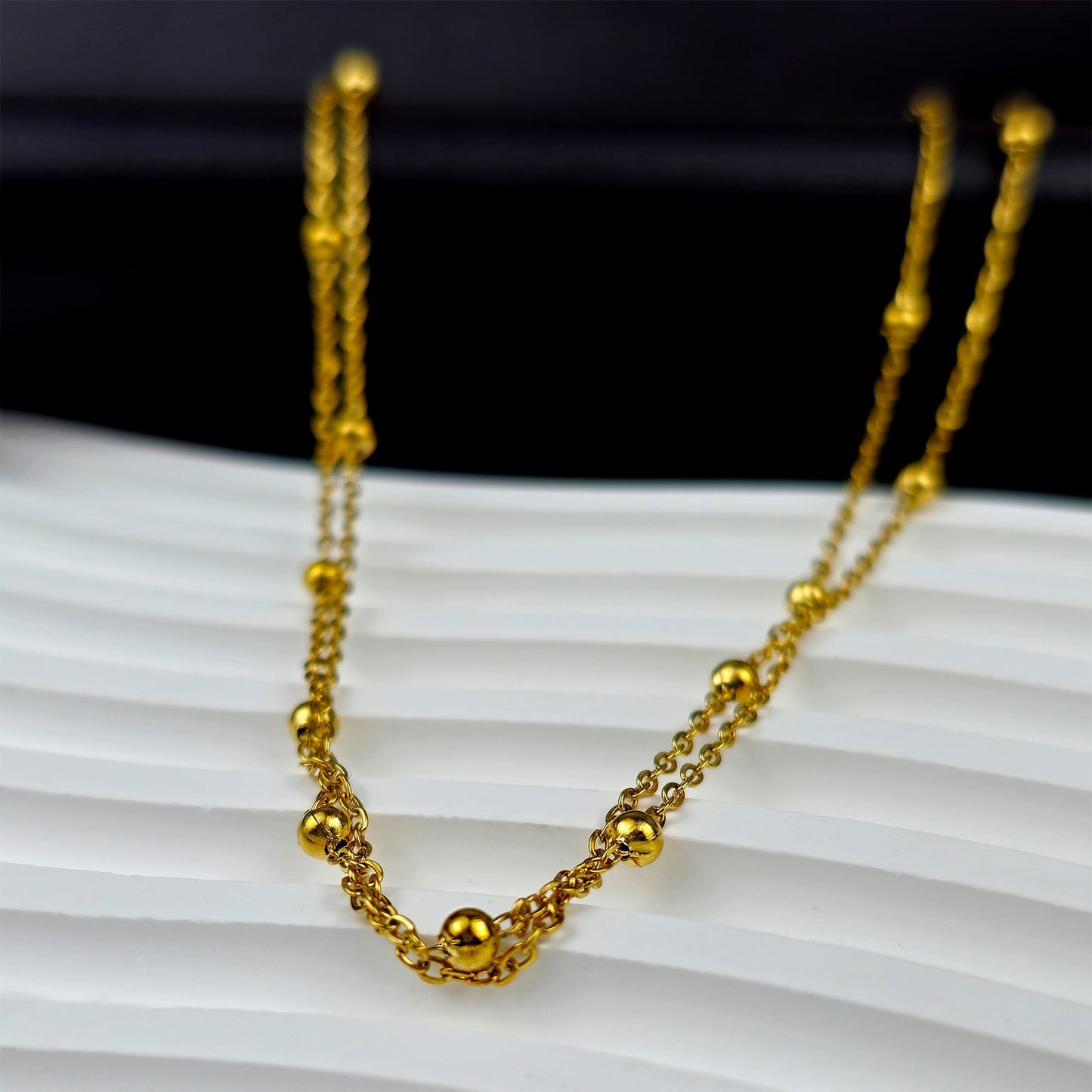 Stainless Steel Gold Tone PVD Ball Station Necklace Satellite Chain Double Necklace