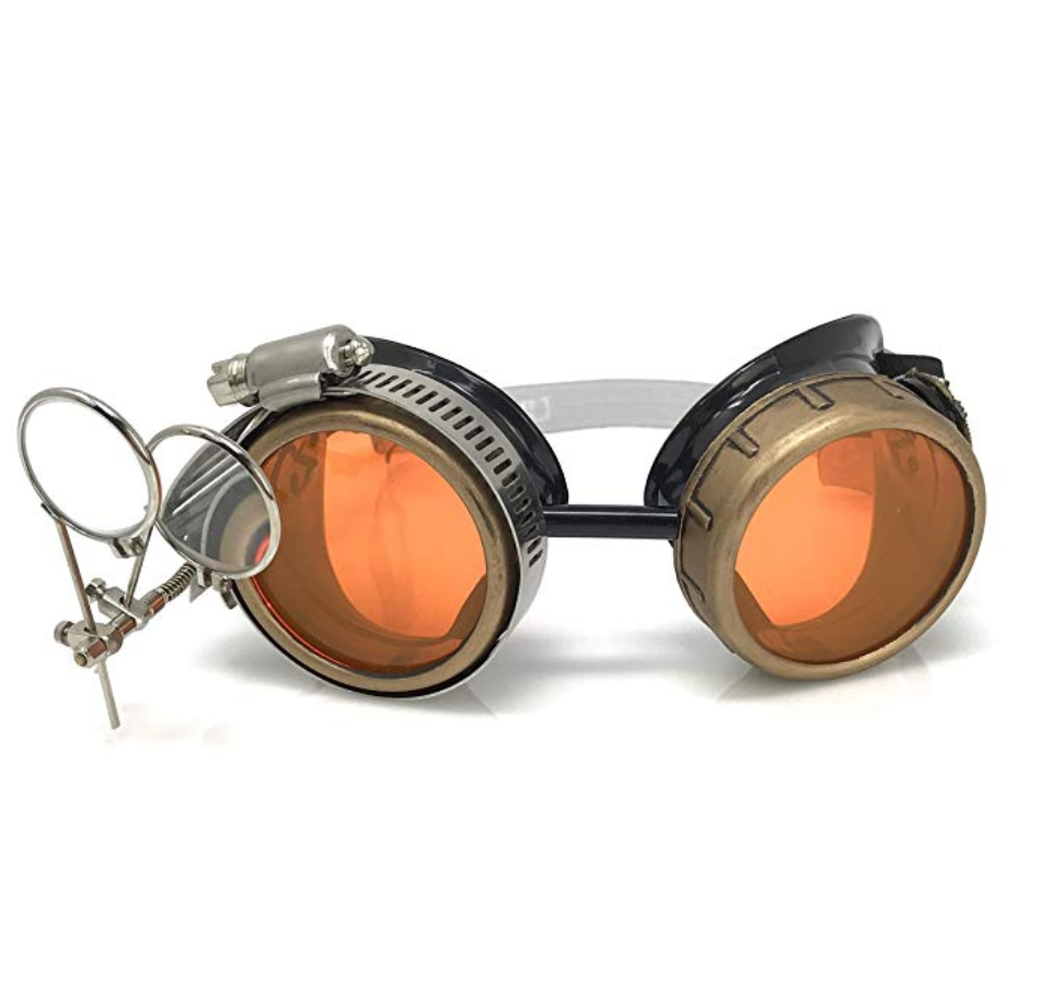 Steampunk Goggles with magnifying loupes UV glow neon orange prism diffraction lenses