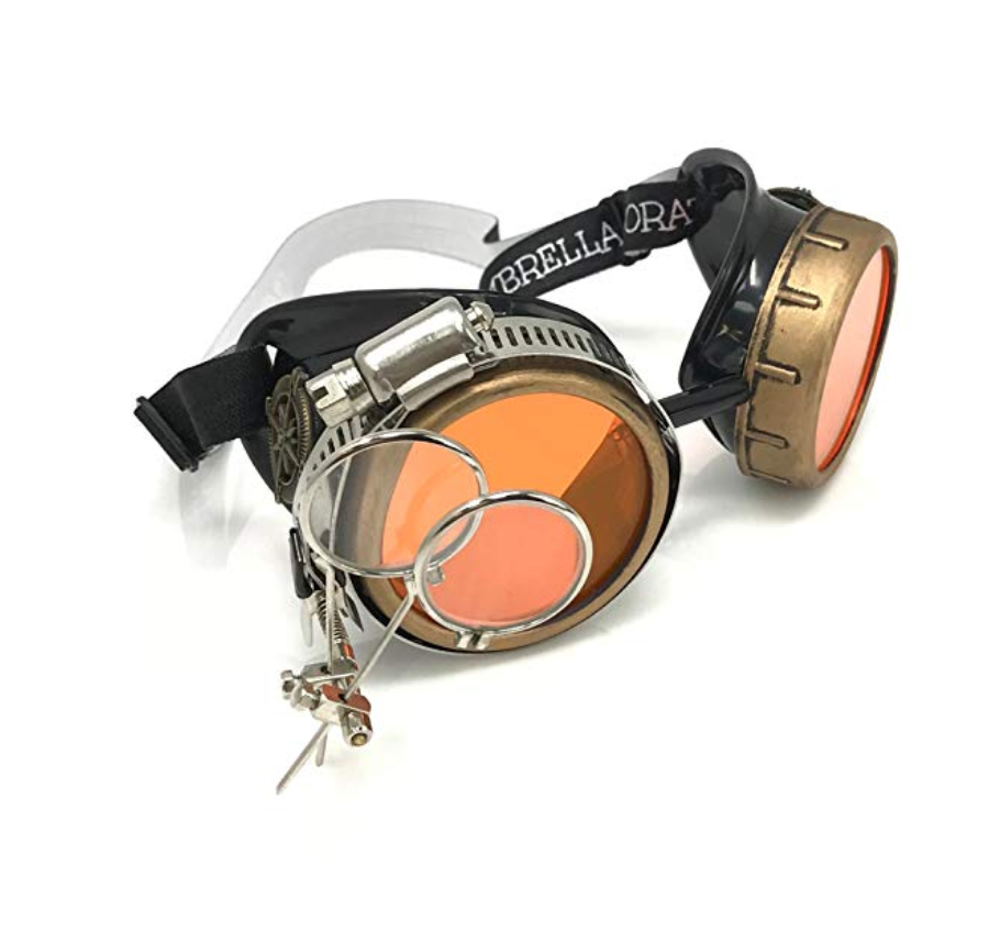 Steampunk Goggles with magnifying loupes UV glow neon orange prism diffraction lenses