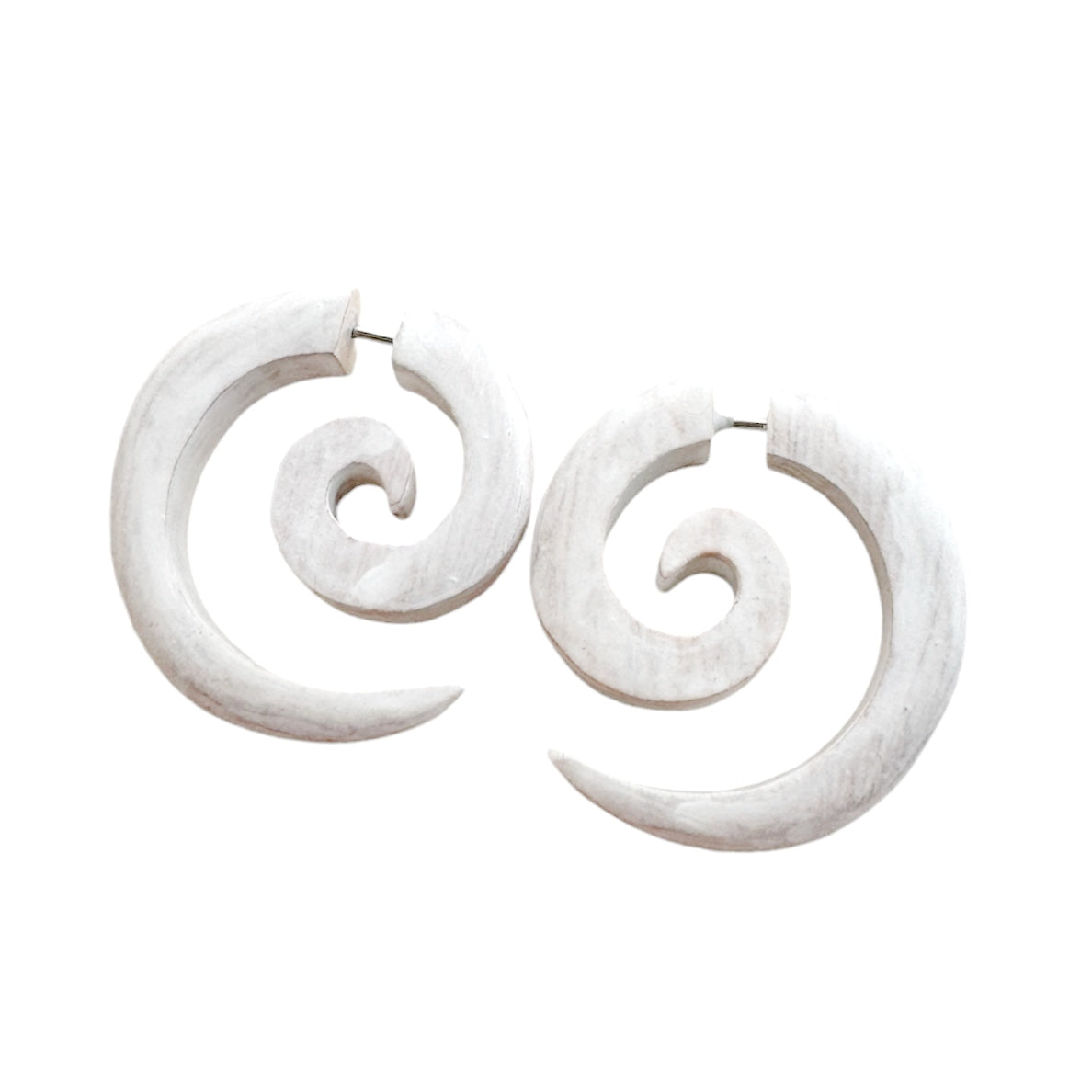 Wooden spiral earring organic jewelry rustic white color fake piercing