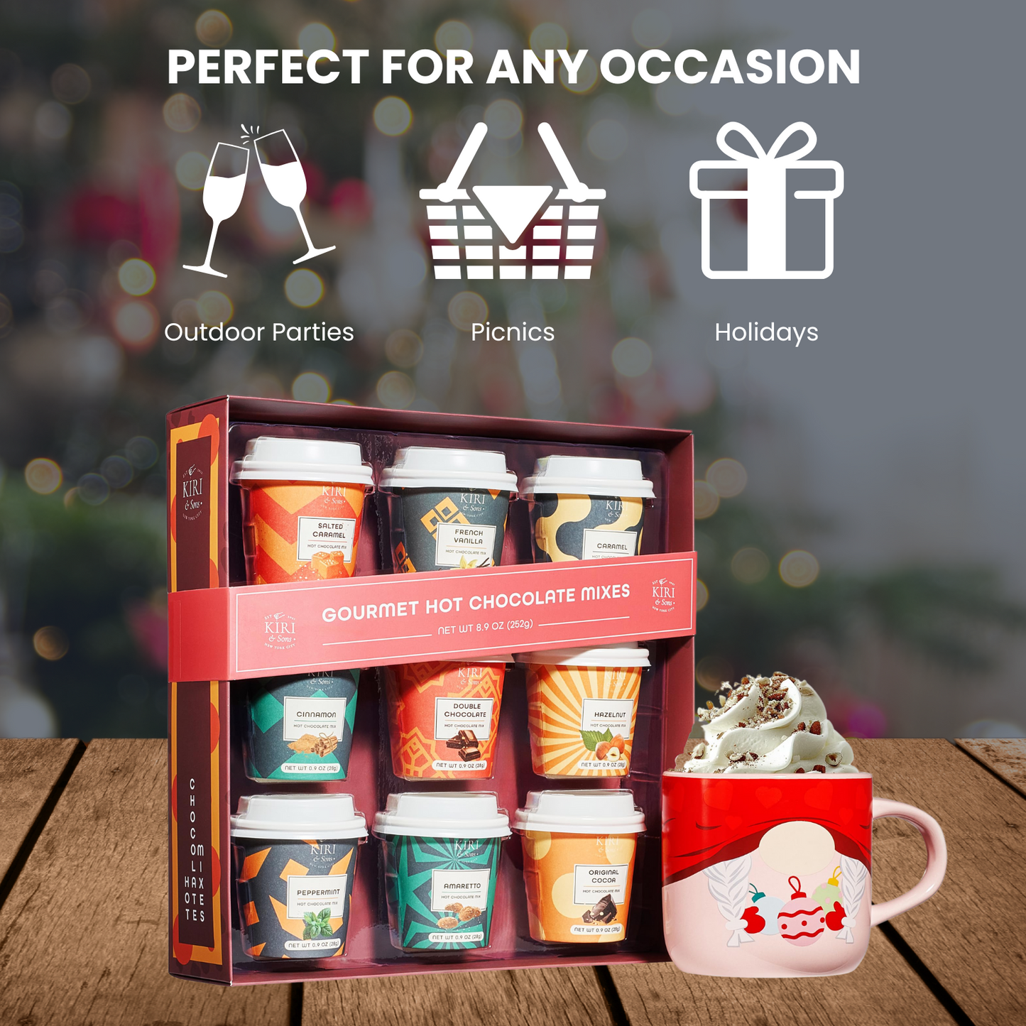 Gourmet Hot Cocoa Gift Set Cup Hot Chocolates - Set of 9 Flavors - Salted Caramel, French Vanilla, Caramel, Gingerbread, Mint, Amaretto & More - Holiday Christmas Gifts For Her, Him, Kids
