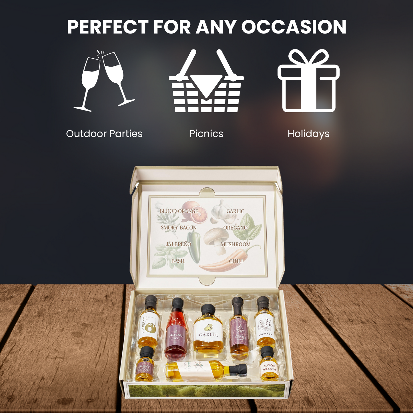 Olive Oil Gourmet Sampler Gift Set of 8 - Premium Extra-Virgin Olive Oil Made In Spain, Natural Flavors Include Mushroom, Chili, Garlic, Oregano, Blood Orange, Smoky Bacon, Jalapeno, Basil