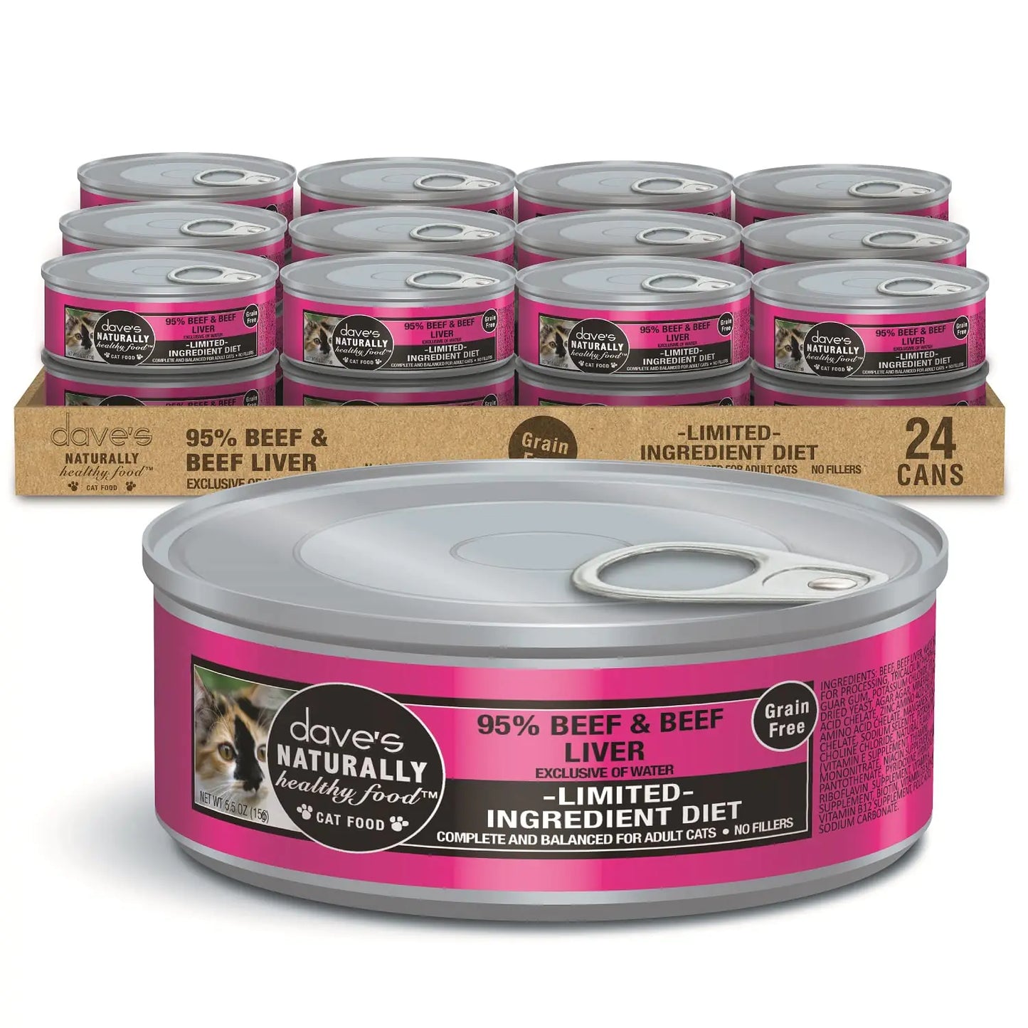 Daves Pet Food Grain Free Wet Cat Food (95% Beef & Beef Liver Pate) Made in Canada Naturally Healthy Canned Cat Food Added Vitamins & Minerals Wheat & Gluten-Free 5.5 oz Cans (Case of 24)