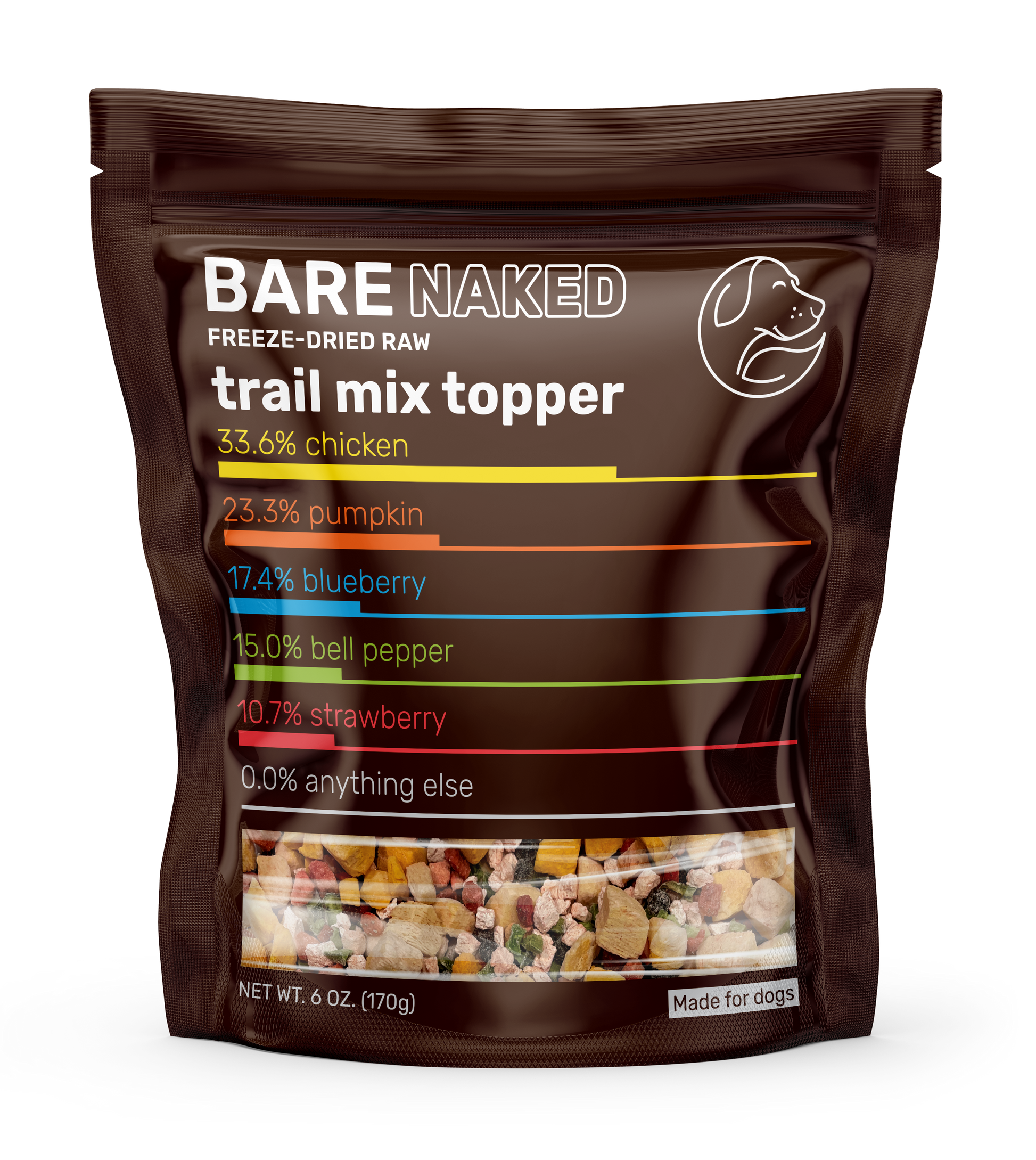 Bag of Bare Naked freeze-dried raw trail mix topper with nutritional information on a white background
