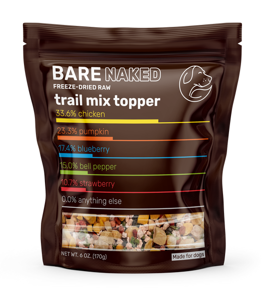 Bag of Bare Naked freeze-dried raw trail mix topper with nutritional information on a white background