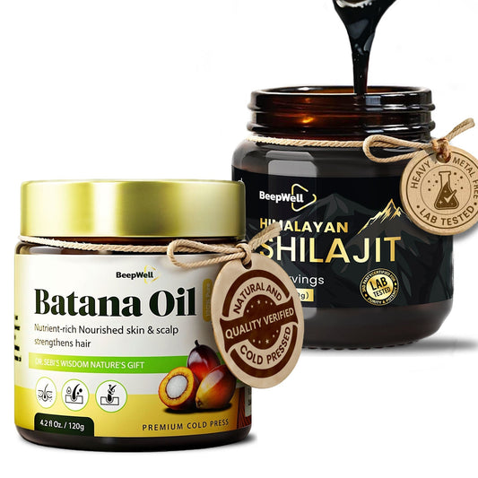 BeepWell Self-Care Set – Batana Hair Oil (4.2 fl oz) + Himalayan Shilajit Resin (1.4 oz) – Clean Ingredients for Hair & Wellness Routine