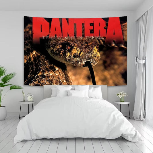 Bedroom with a Pantera album cover tapestry on the wall