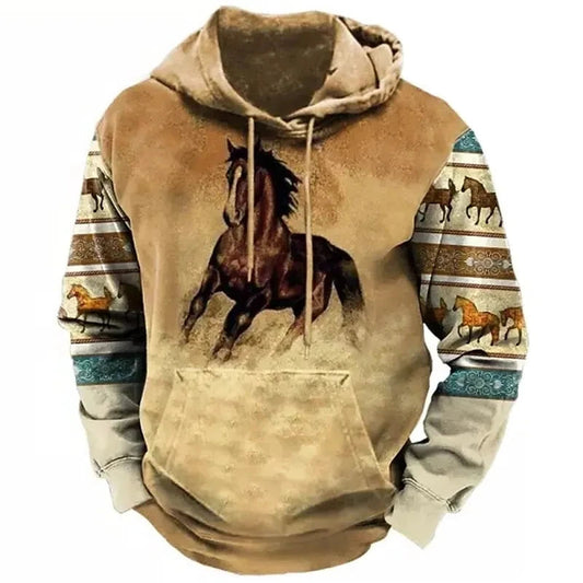 Beige hoodie with horse design and patterned sleeves on a white background