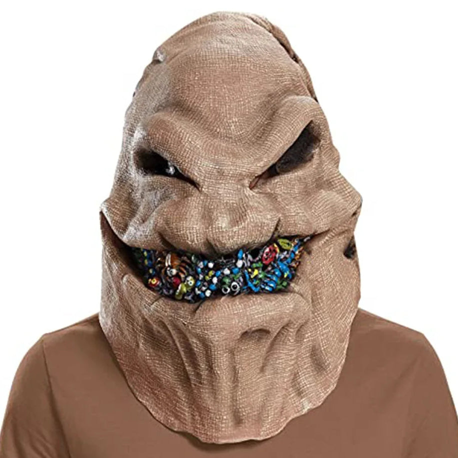 Beige mask with colorful mouth design on a white background