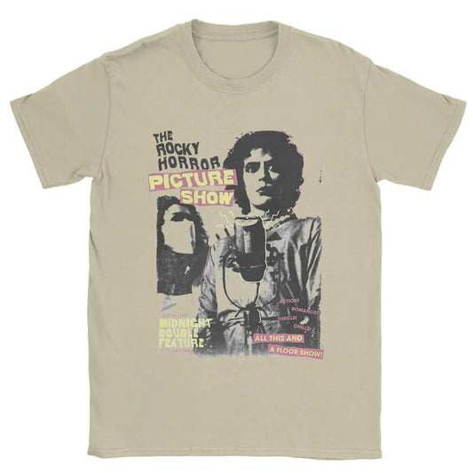 Beige t-shirt with 'The Rocky Horror Picture Show' graphic design on a white background