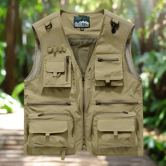 Beige vest with multiple pockets and zippers on a white background, featuring the brand 'FGKKS'.