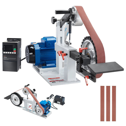 Belt sander machine with accessories on a white background
