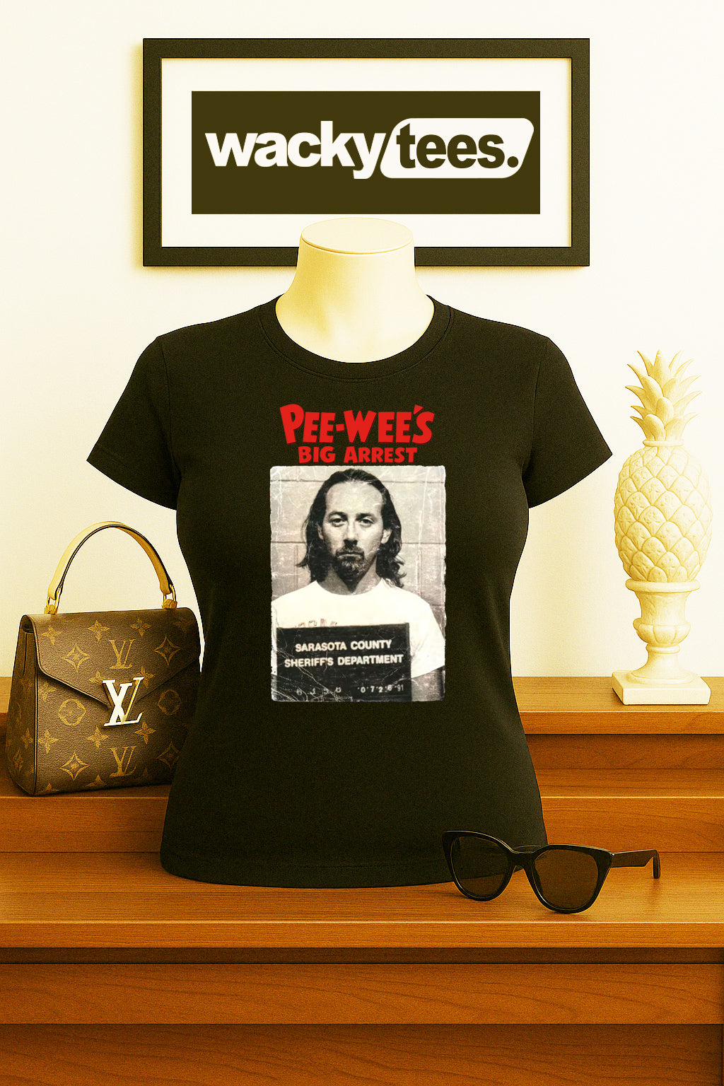 Pee Wees Big Arrest Paul Reubens Mugshot 80s Funny Graphic Tee Shirt