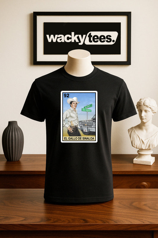 Chalino Sanchez El Gallo De Sinaloa Loteria Mexican Bingo Tarot Card Style Graphic Tee Shirt