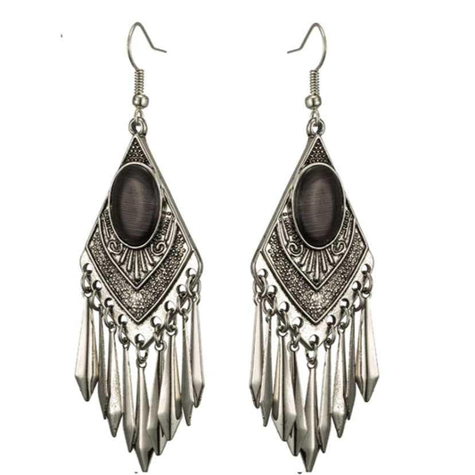 Black Cat's Eye Stone Boho Dangle Earrings