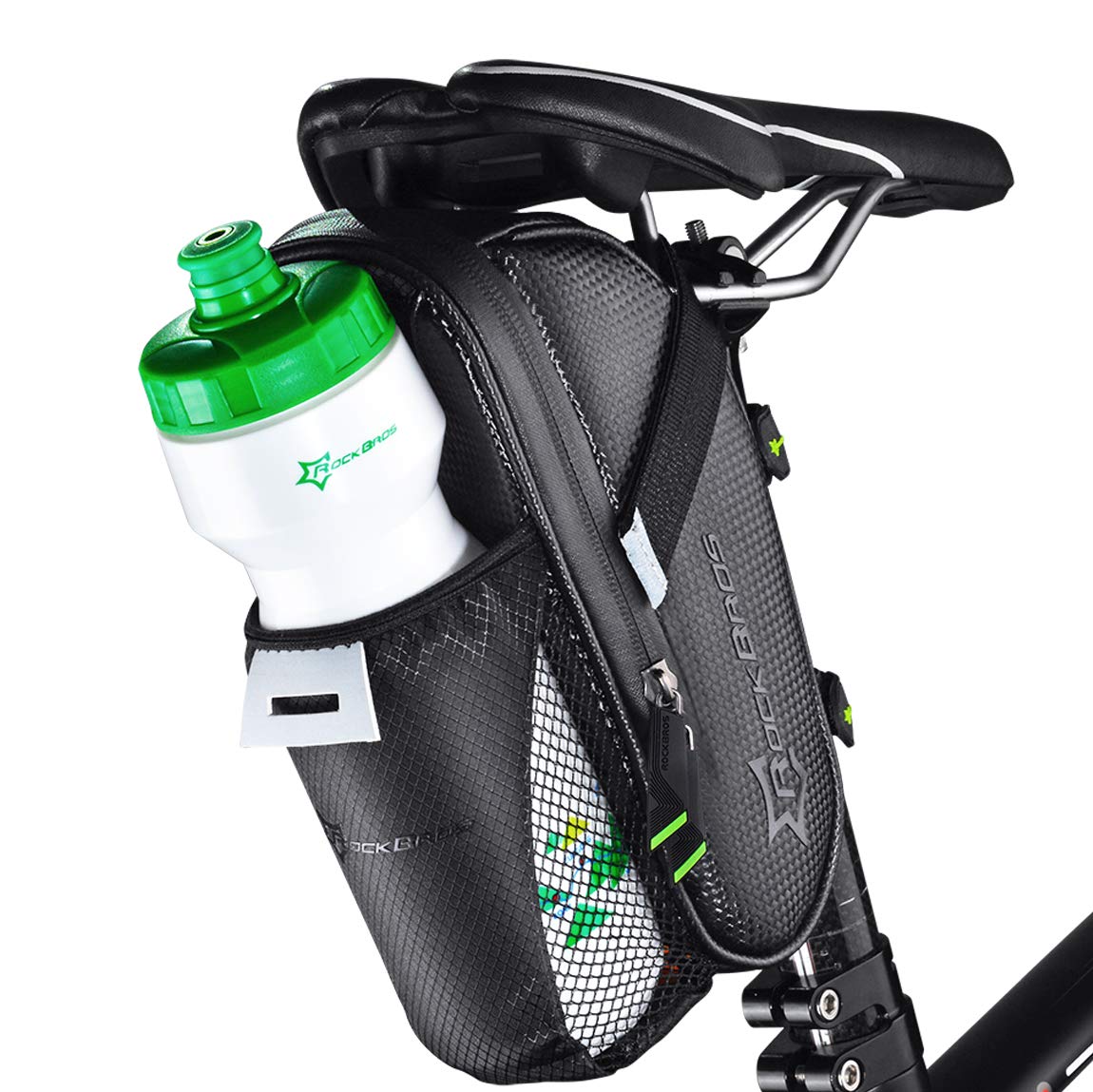 ROCKBROS Waterproof Bike Saddle Bag with Water Bottle Pouch, Under Seat Storage for Mountain and Road Bikes