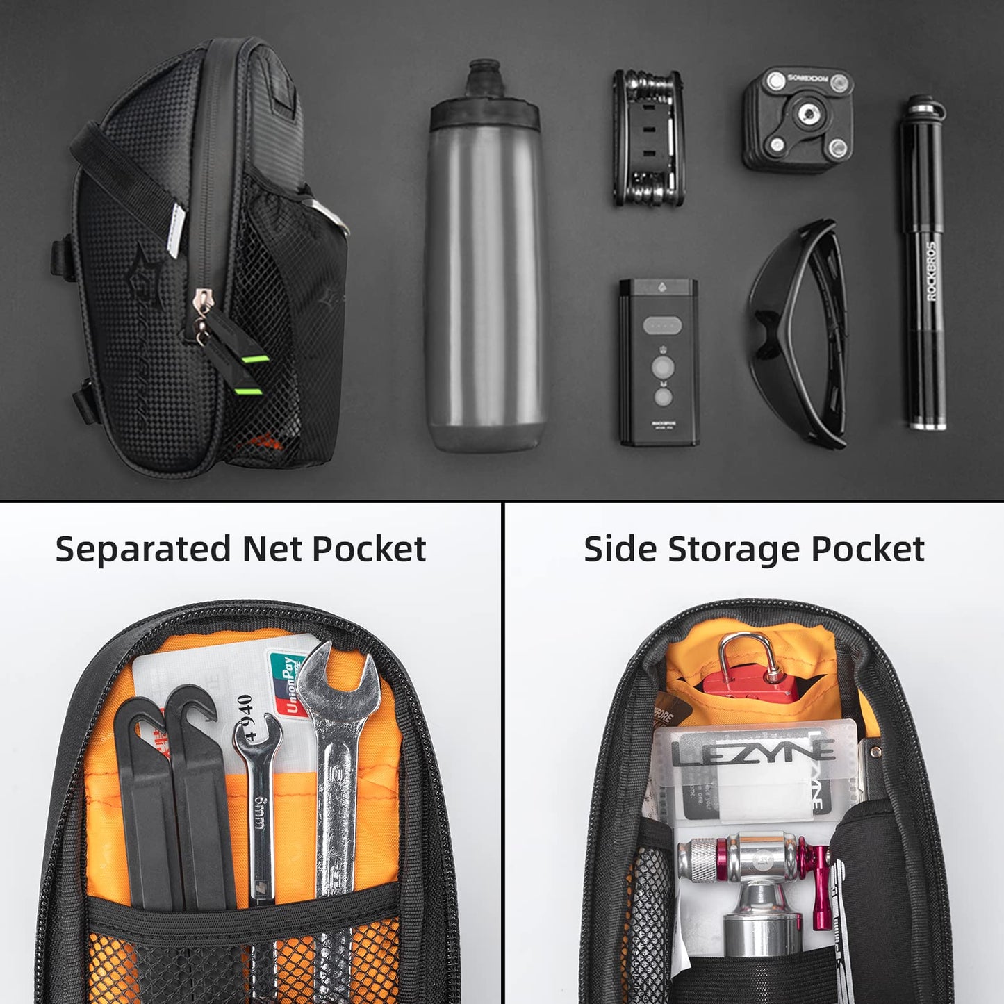 ROCKBROS Waterproof Bike Saddle Bag with Water Bottle Pouch, Under Seat Storage for Mountain and Road Bikes