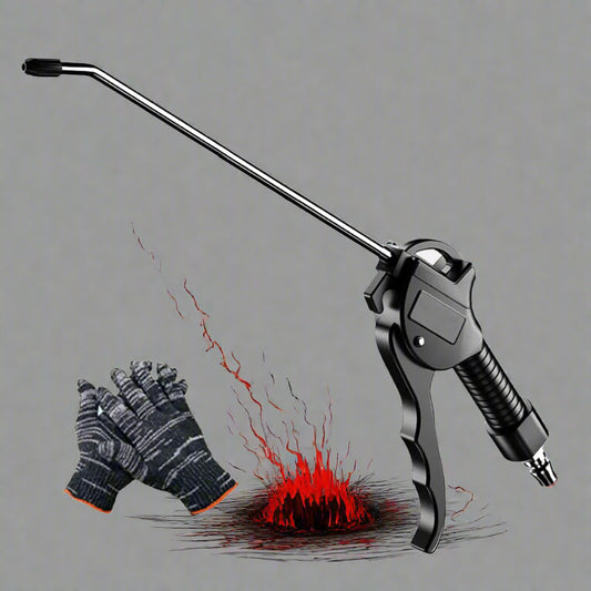 Black air gun with a long nozzle and a pair of gray gloves on a white background