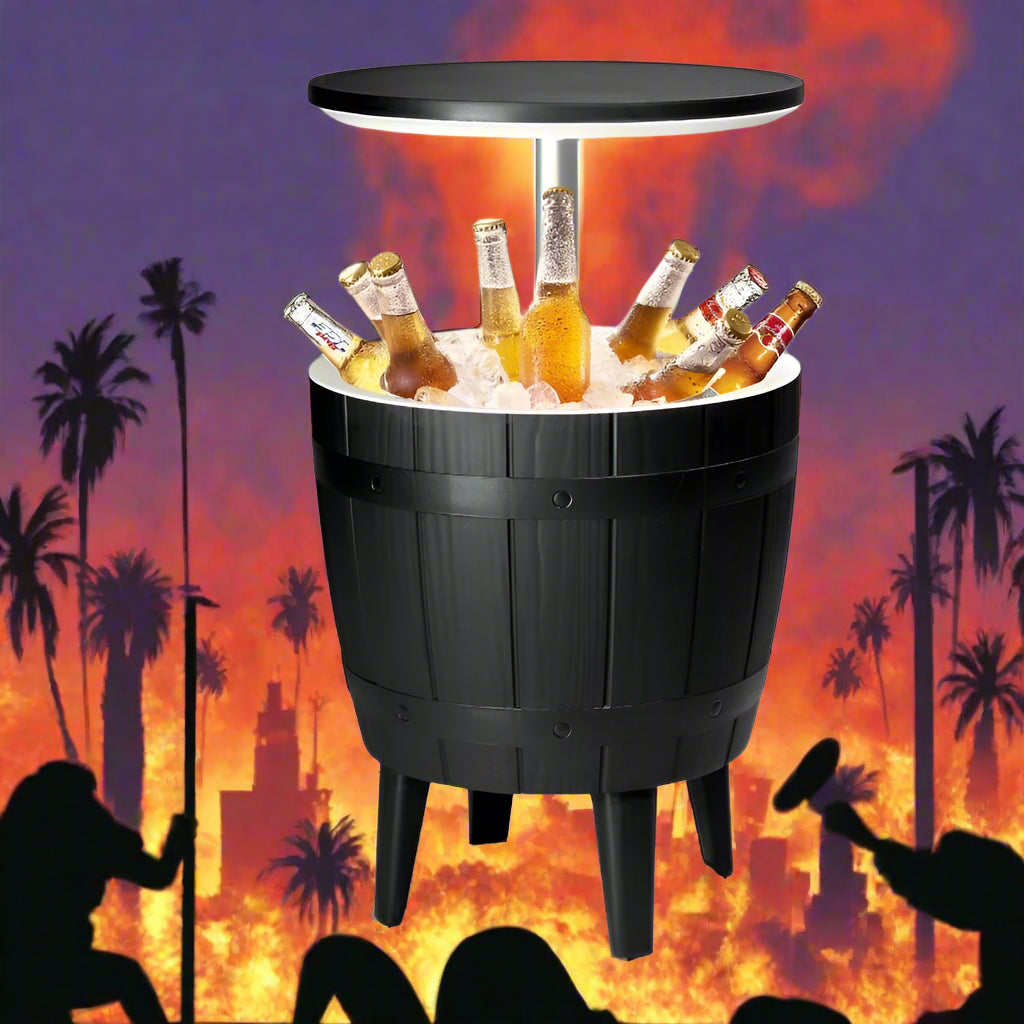 Black barrel-shaped cooler with bottles of beer on a white background