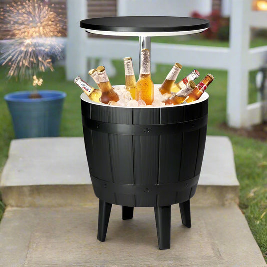 Black barrel-shaped cooler with bottles of beer on a white background
