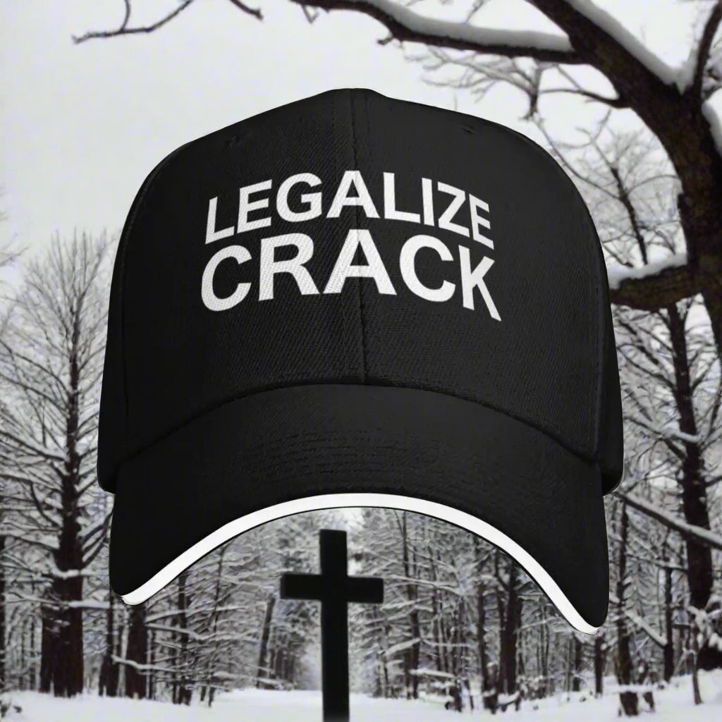 Black cap with 'LEGALIZE CRACK' text on a white background