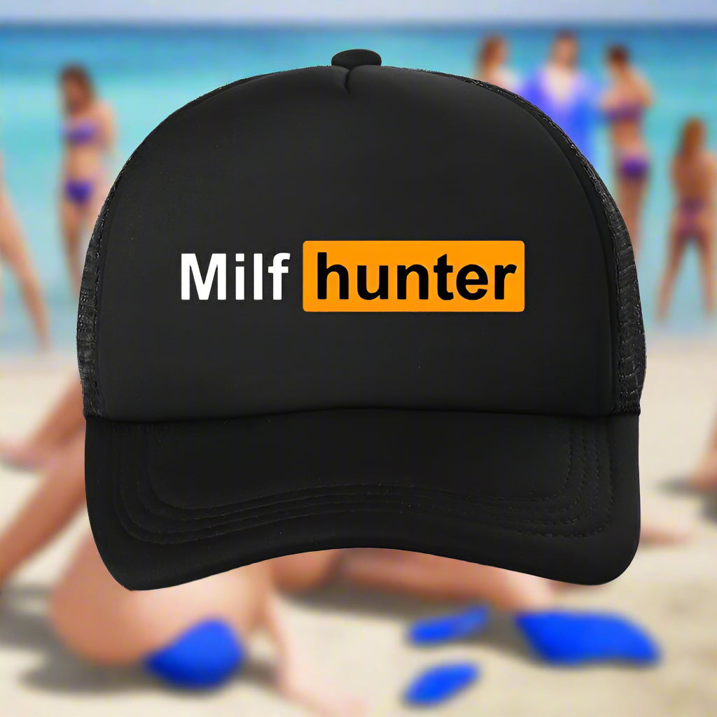 Black cap with 'Milf hunter' text on a white background