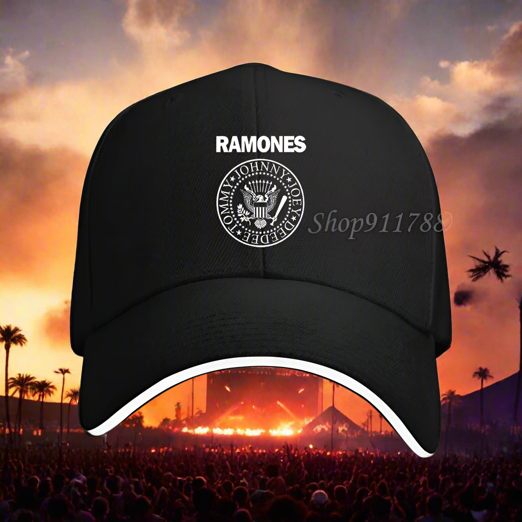 Black cap with 'RAMONES' logo on a white background