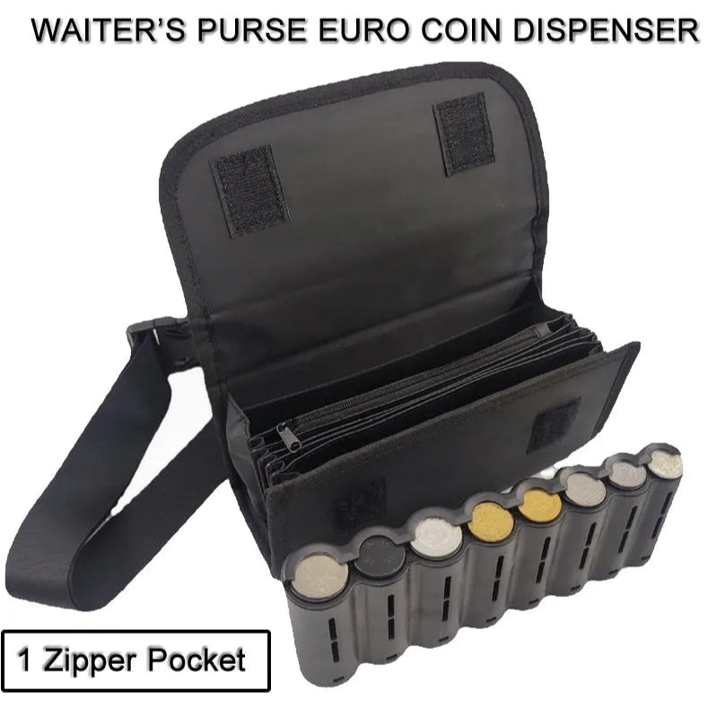 Black coin dispenser with Euro coins and a zipper pocket on a white background