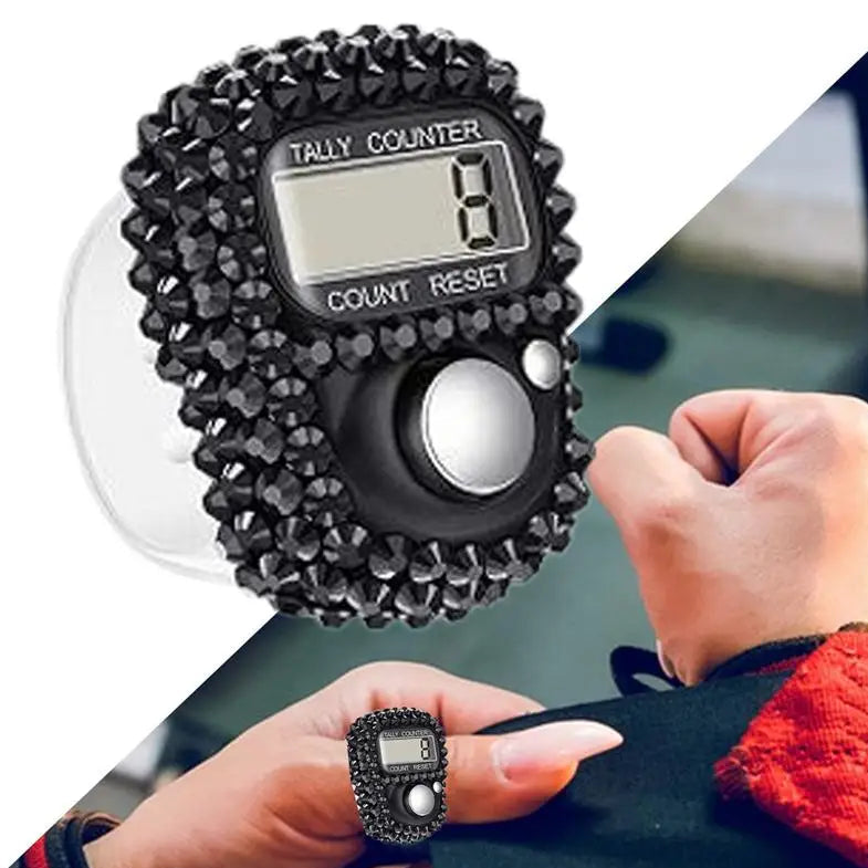 Black digital tally counter with spiky texture held by a person