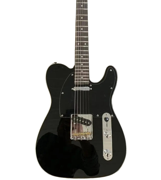Black electric guitar on a gray stone surface