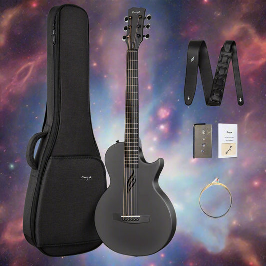 Black electric guitar with accessories including a case, strap, and strings on a white background