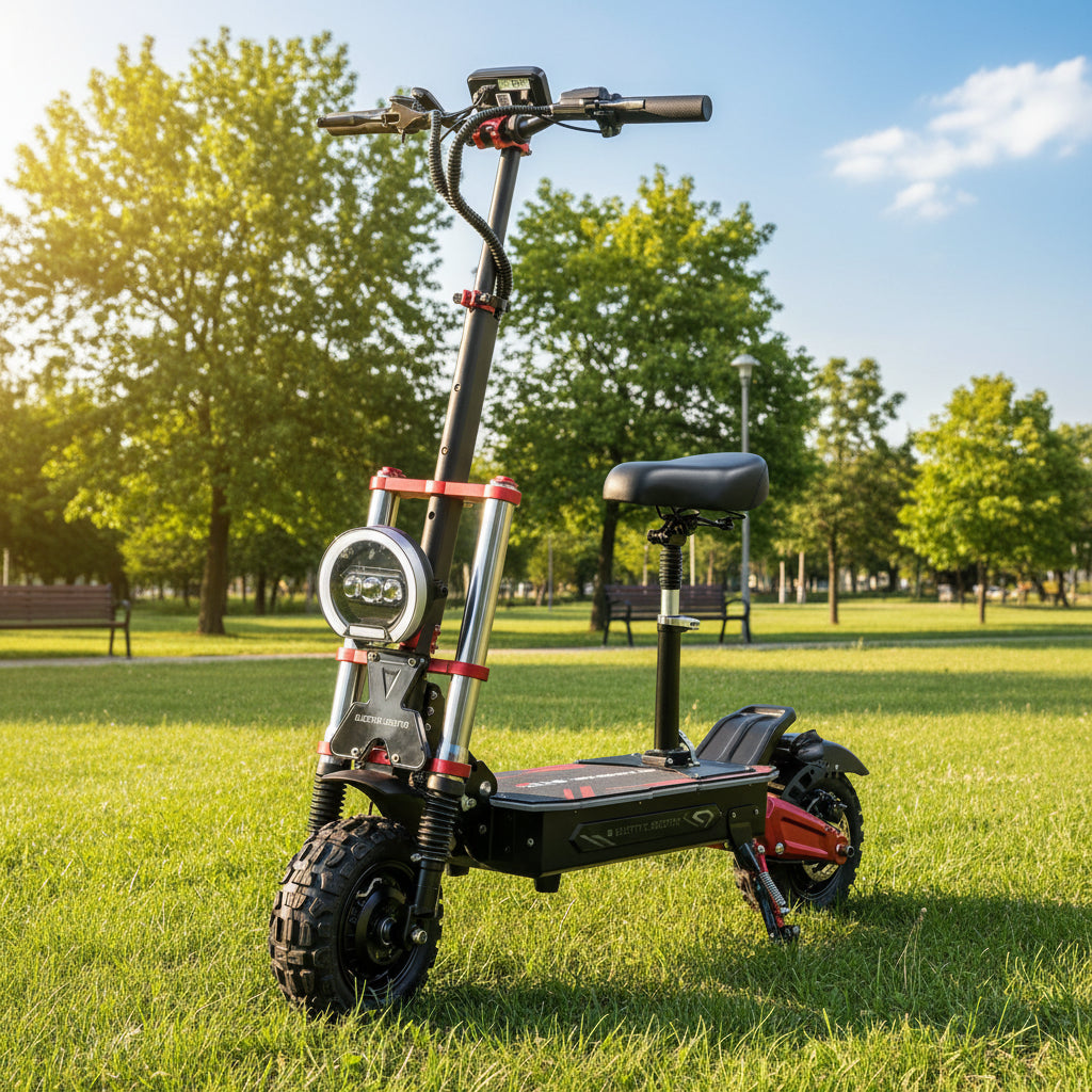Black electric scooter with red accents on a white background