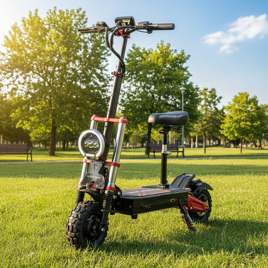 Black electric scooter with red accents on a white background