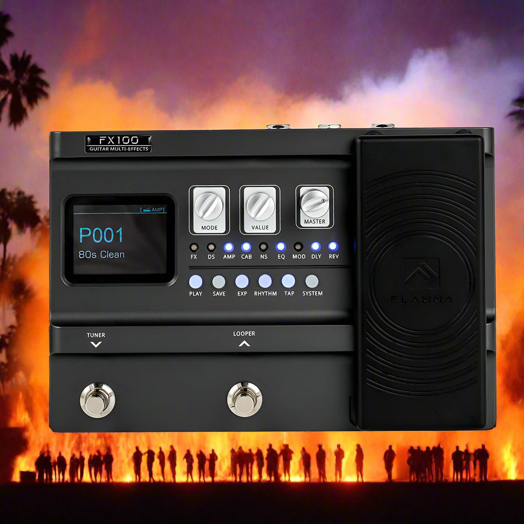 Black guitar effects pedal with digital display and control buttons on a white background